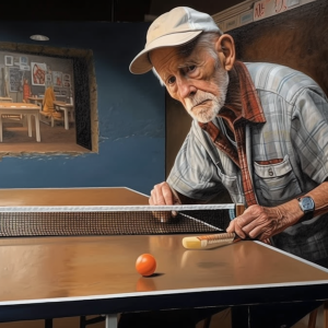 3d painting of old man who have Parkinson's Disease and playing table tennis